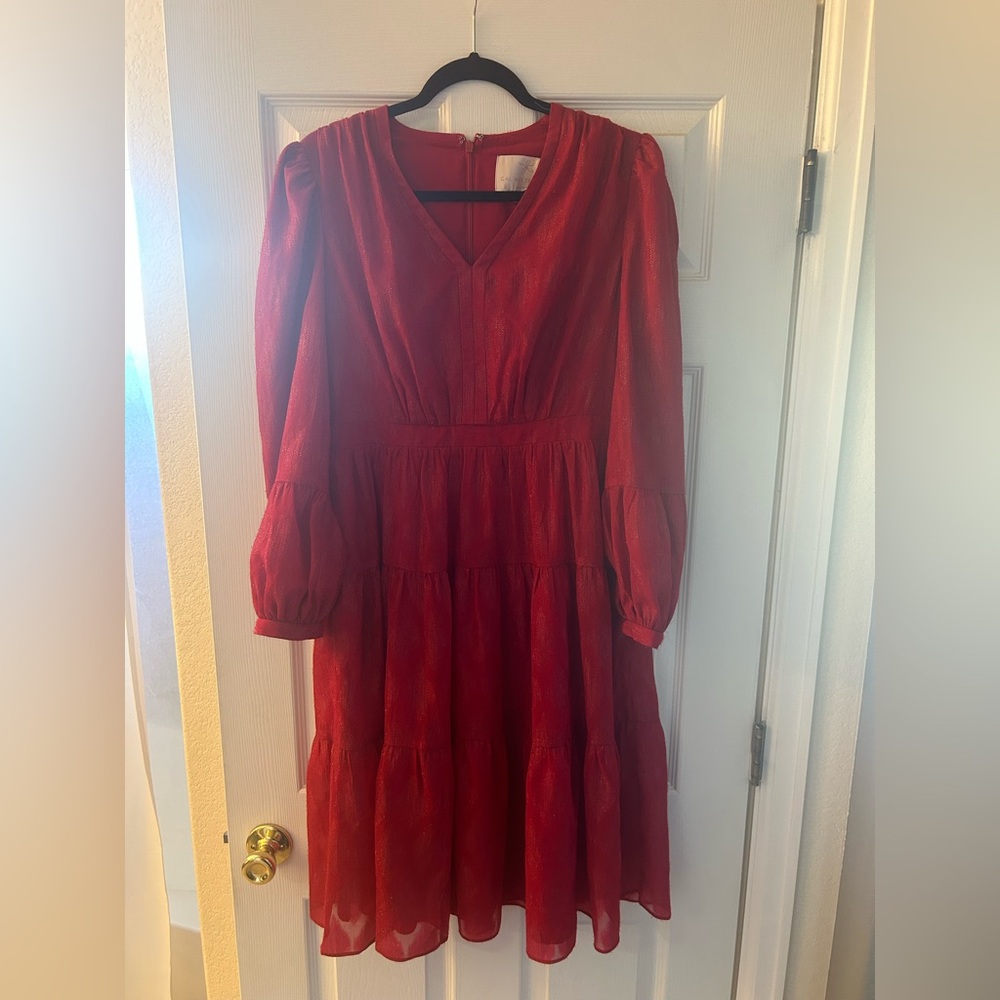 Gal Meets Glam Red Shimmer Dress with Long Sleeves